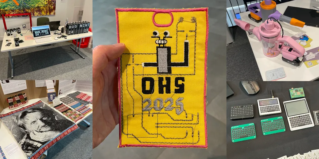 Images from Open Hardware Summit: OpenFlap, The Open Hardware Summit badge, OpenCyclone, Tiny Keyboards from Solder Party, Edinburgh's hacked knitting machine scene