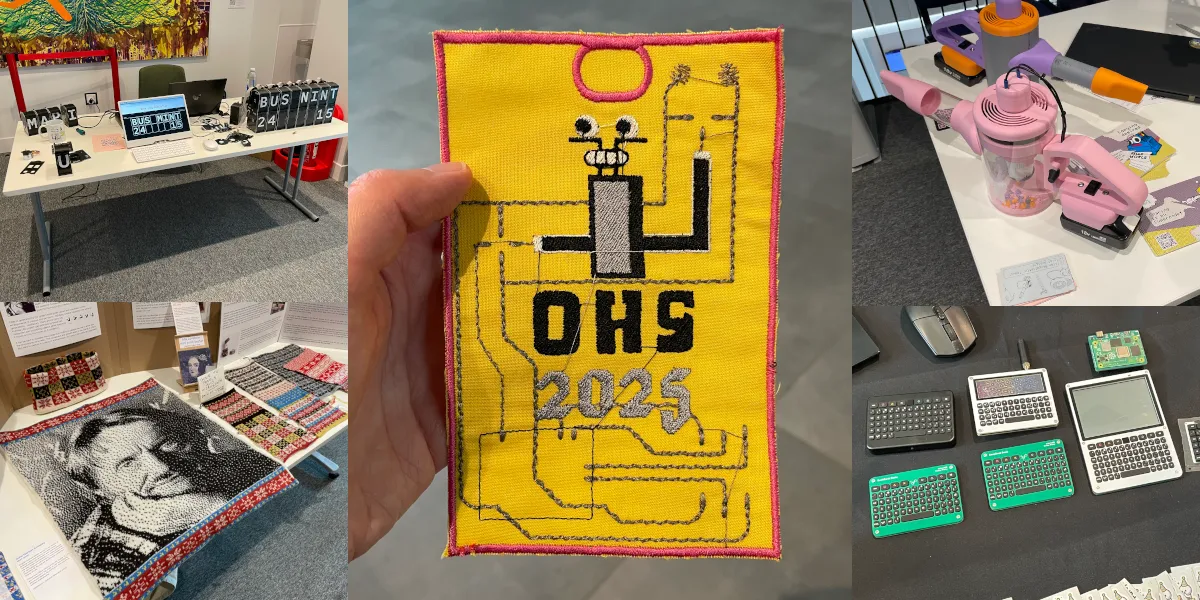 Images from Open Hardware Summit: OpenFlap, The Open Hardware Summit badge, OpenCyclone, Tiny Keyboards from Solder Party, Edinburgh's hacked knitting machine scene
